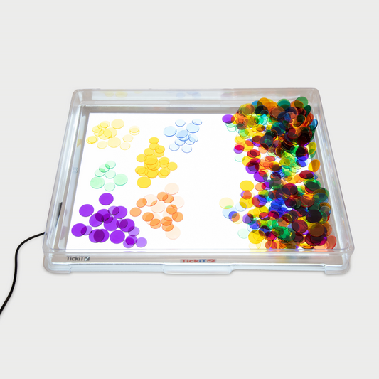 Light panel with colourful confetti in a tray with a white background