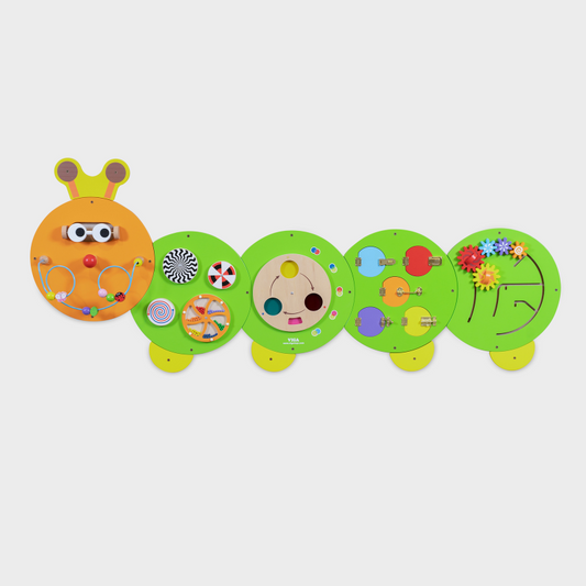 Colourful children's toy shaped like a caterpillar with educational activities on a white background