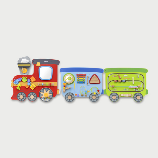 Colourful toy train with interactive elements on a light grey background