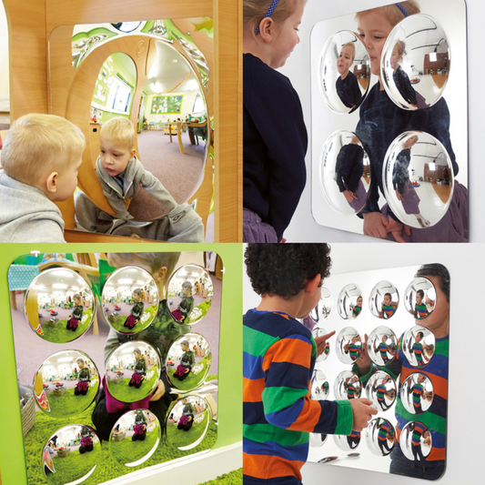 Collage of children interacting with reflective mirror panels toys in various settings.