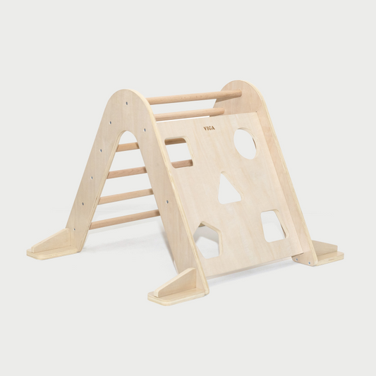 Wooden Play Triangle. Rungs on oneside and a shape frame on other side.