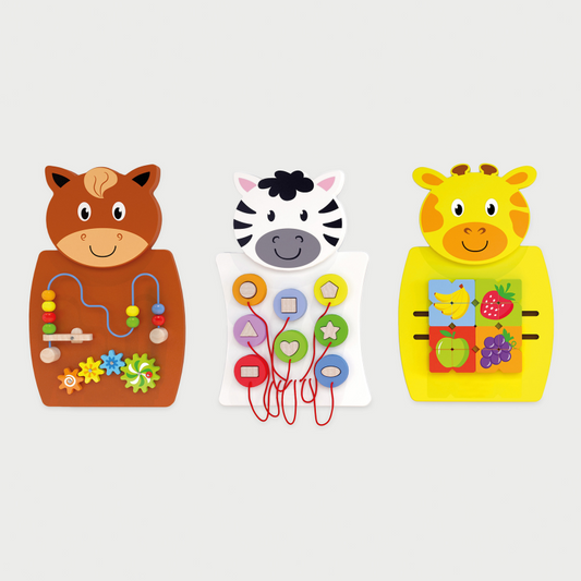 Three colourful children's educational toys wall panels shaped like animals on a light gray background.