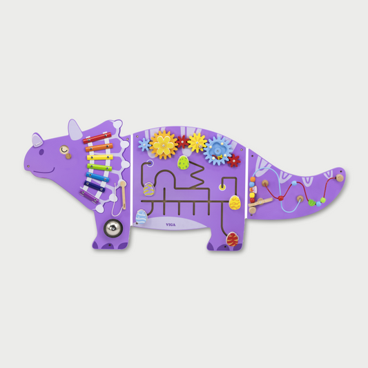 Purple dinosaur-shaped educational toy with various interactive elements on a light gray background