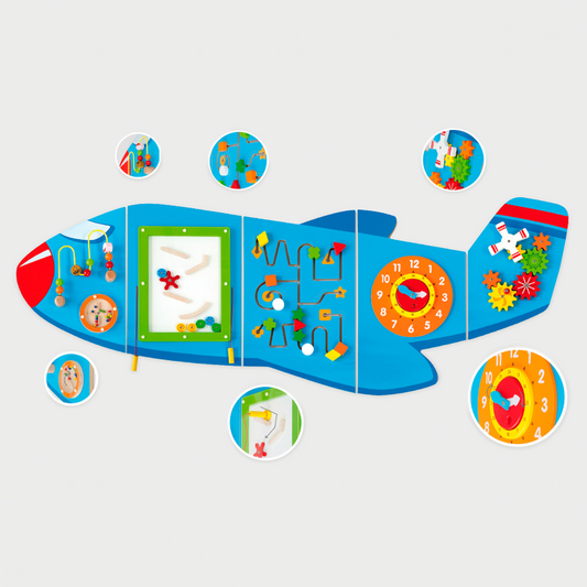 Colourful airplane-shaped educational toy with various interactive elements on a light Gray background