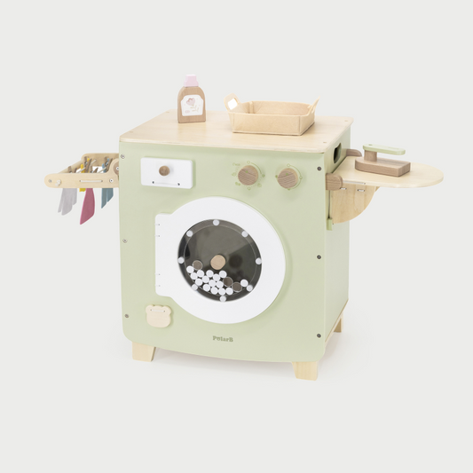 A wooden toy washing machine