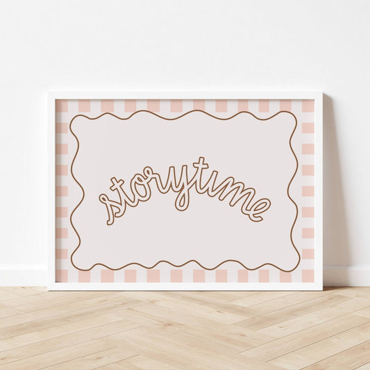 Framed artwork with 'storytime' text on a checkered background