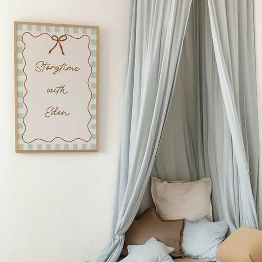 Decorative setup with a framed sign and draped curtains in a cozy corner.