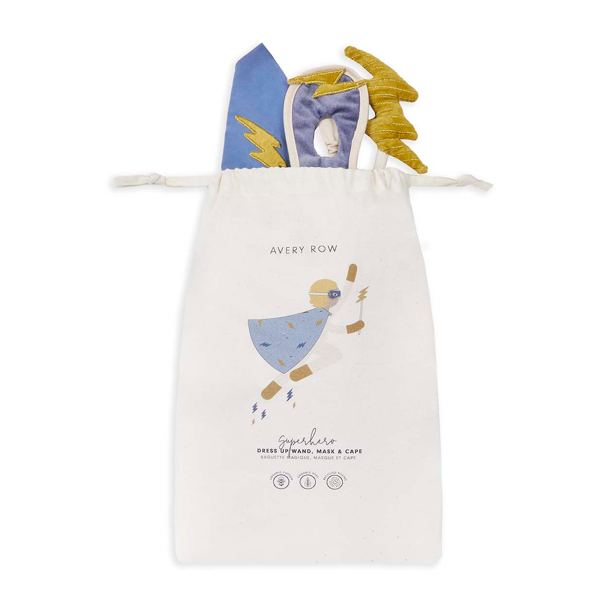Children's superhero costume in a drawstring bag with 'Avery Row' branding.