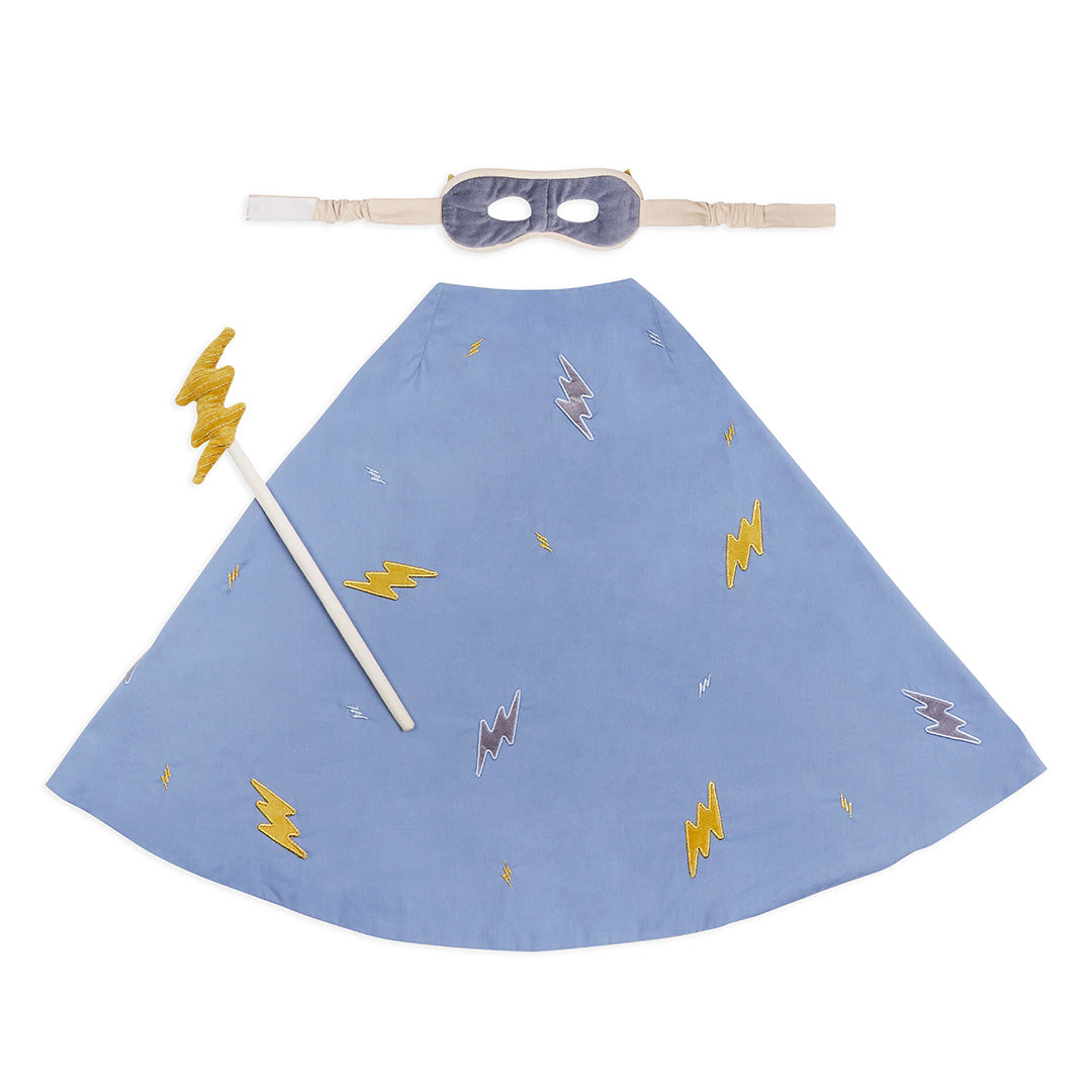 Blue superhero cape with lightning bolt patterns, white stick, and mask on a white background