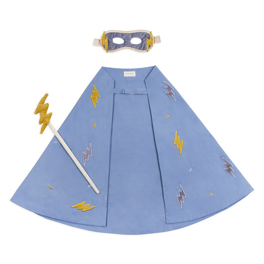 Blue superhero cape with lightning bolt patterns, yellow mask, and white staff on a white background