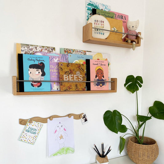 Wooden shelves with books and a plant on a white wall
