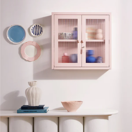Cabinet attached to wall with products inside