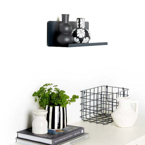 Modern interior decor with black bookshelf, white vase, and green plant on a white surface.