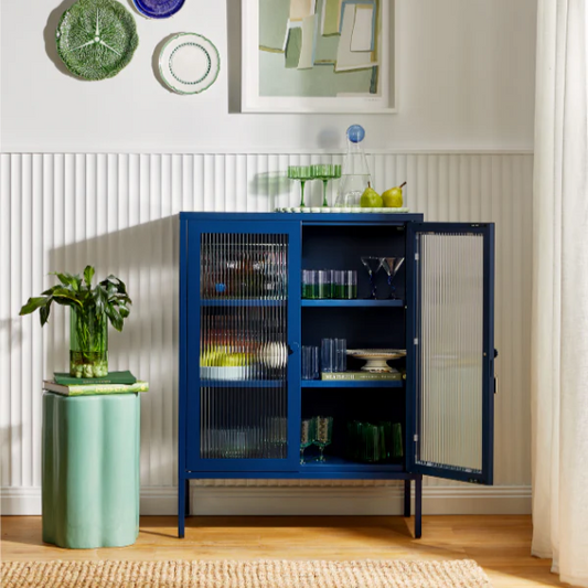 Blue cabinet with door open 