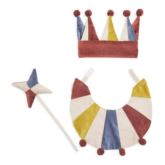 Colorful children's crown, wand, and necklace set on a white background